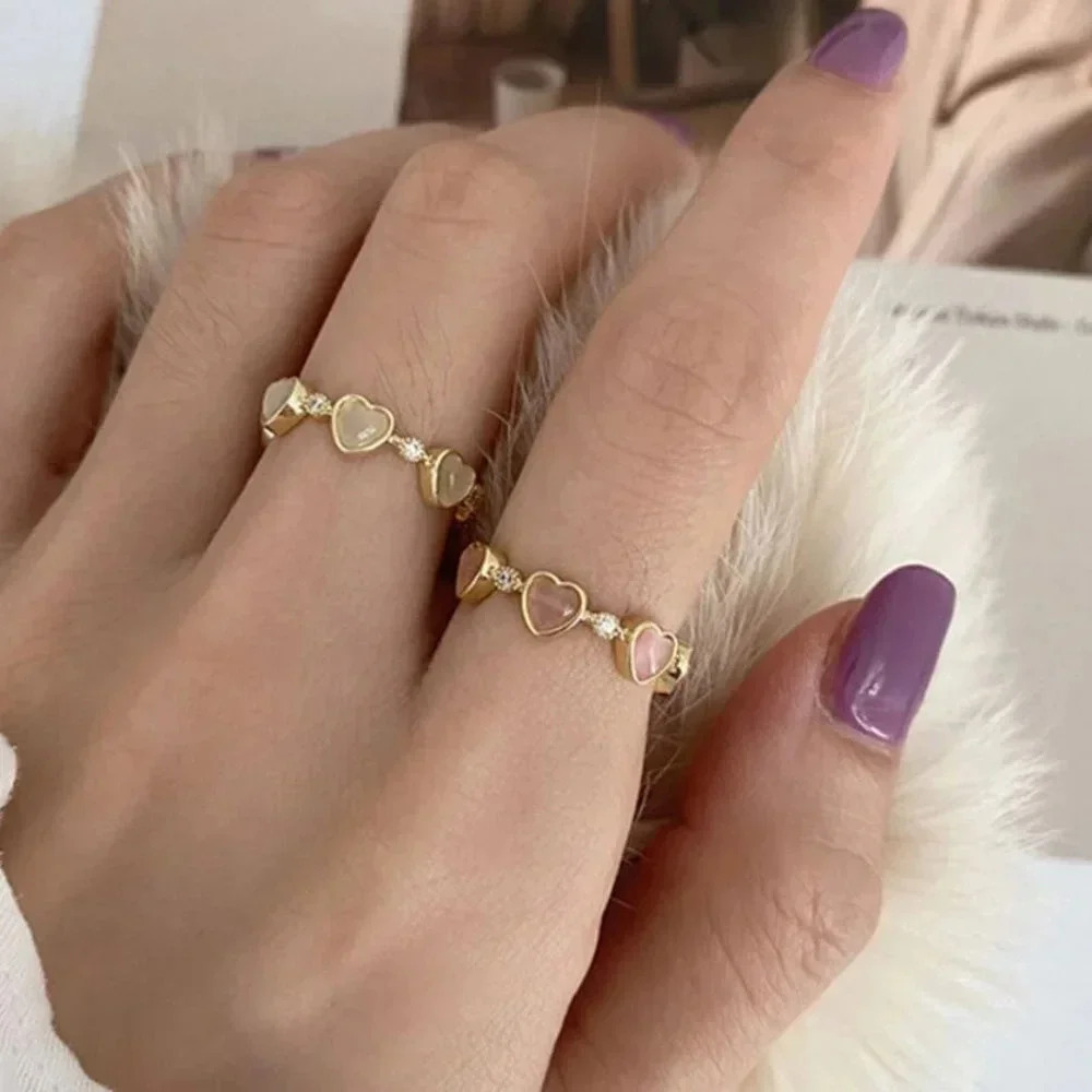925 Sterling Silver Heart Ring Gold Pink or White Opal Dainty Minimalist Ring